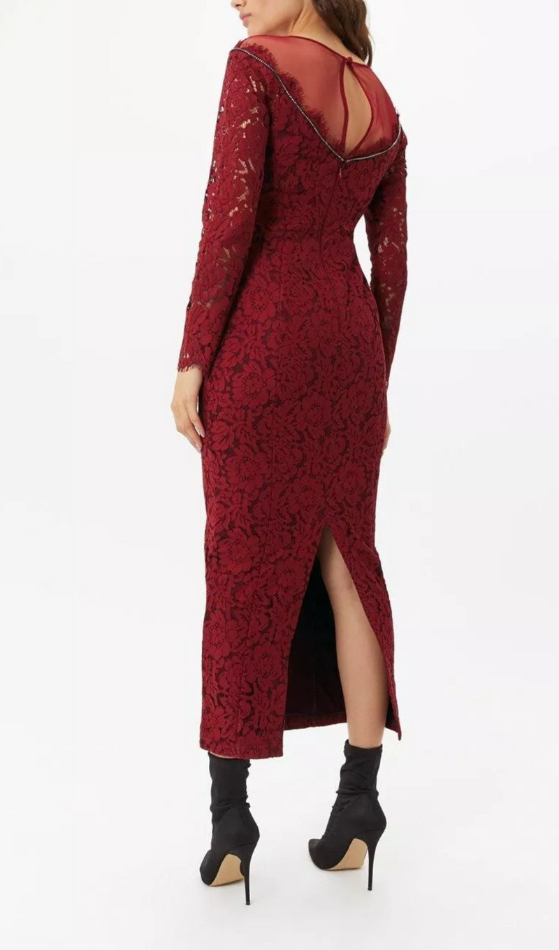 lace hollow maxi dress in red