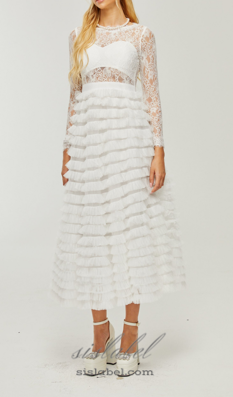 LACE LAYERED HIGH-WAISTED MIDI DRESS IN WHITE