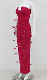 FEATHER BANDAGE MAXI DRESS IN ROSE RED