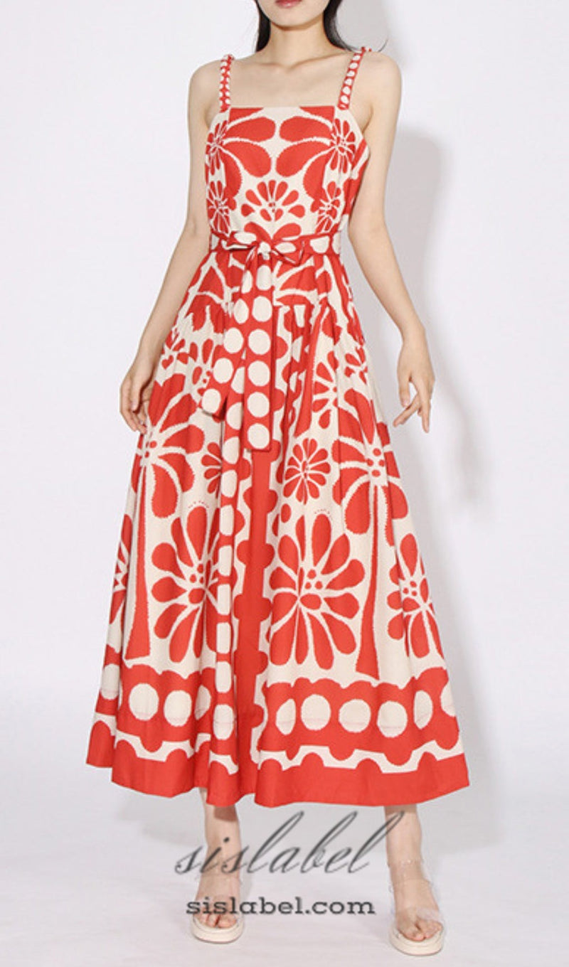 STRAP PRINTED MIDI DRESS IN RED