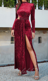 Velvet High Neck Hollow Waist maxi Dress in burgundy