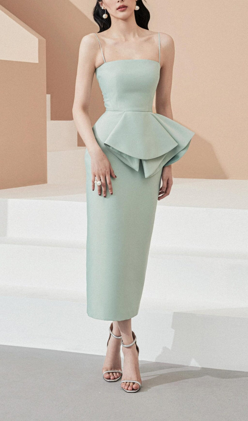 RUFFLE HIP WRAP MIDI DRESS IN MINT GREEN