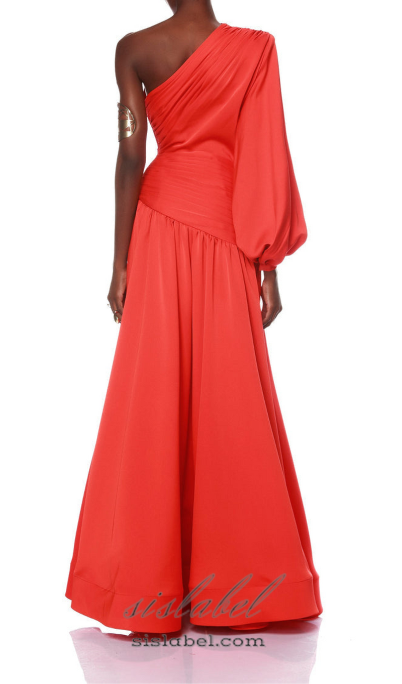 MEGAN RED SATIN PLEAT ONE-SHOULDER LONG SLEEVE MAXI DRESS