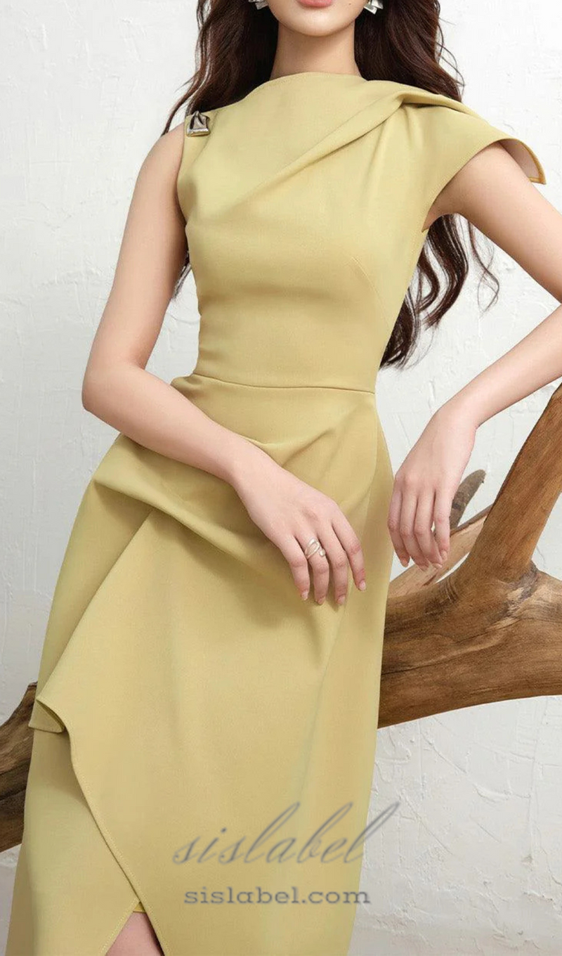 Calla Yellow Asymmetric Front Slit Twill Midi Dress