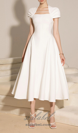 MYRNA SQUARE NECKLINE A-LINE MIDI DRESS IN WHITE