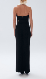 pearl-button halter black maxi dress