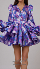 ARABELA BLUE FLORAL SATIN RUFFLE MINI DRESS