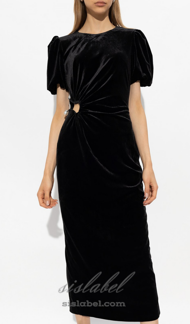 pleated velvet cut-out midi dress in black