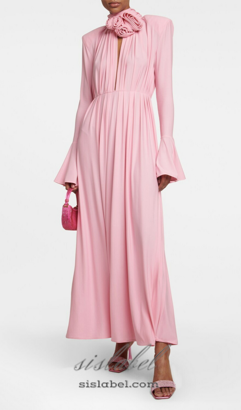 ERIN LANTERN SLEEVE HIGH COLLAR FLOWER SLIT MIDI DRESS IN PINK