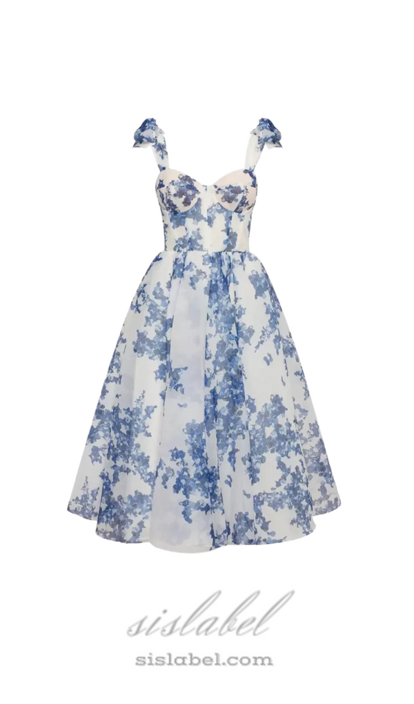 PRIMA PALE BLUE FLORAL A-LINE STRAP MIDI DRESS