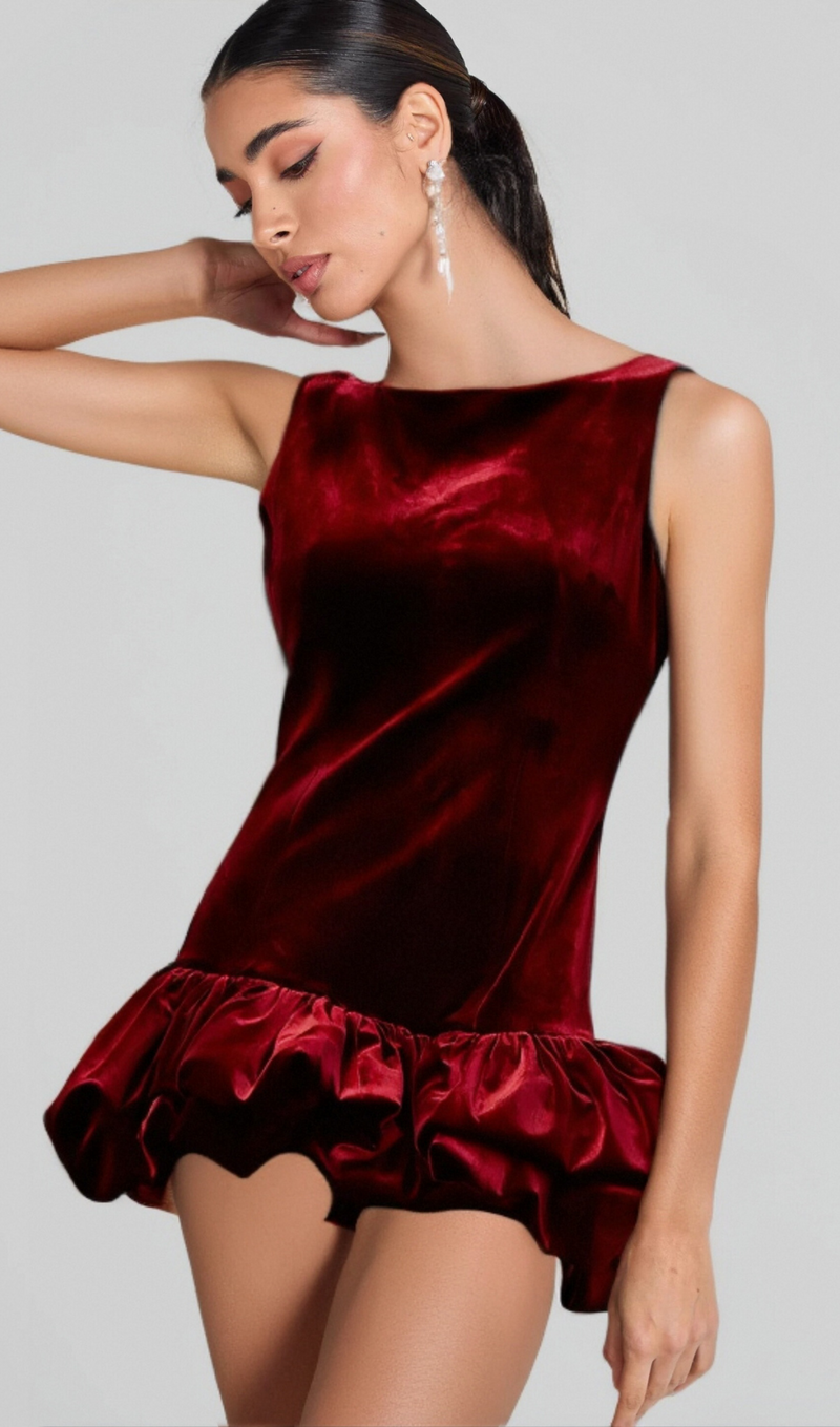 Marion red peplum-hem velvet mini dress