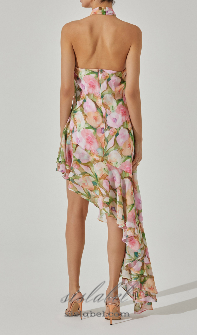 SABINA PINK GREEN ASYMMETRIC FLORAL HALTER MIDI DRESS