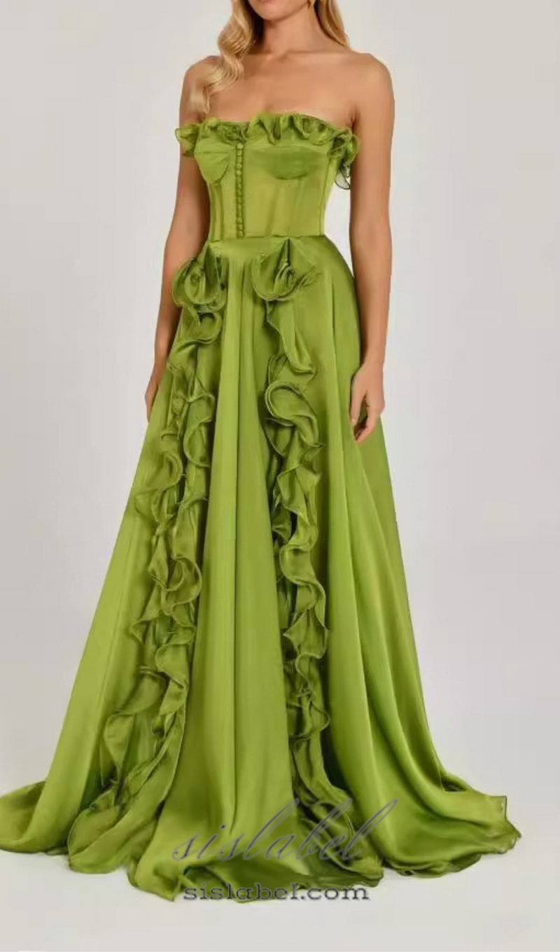 ZONA FRILL SWEETHEART NECK SLEEVELESS MAXI DRESS IN GREEN