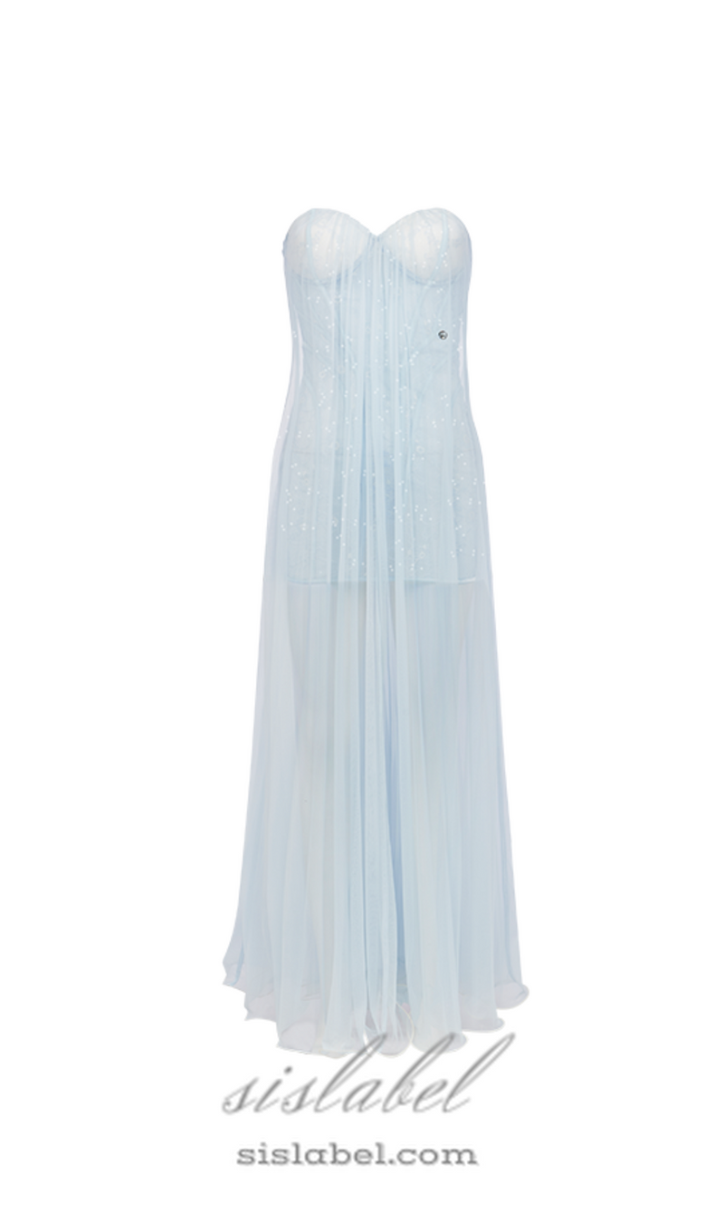 Thea Strapless Mesh Backless maxi Dress in light blue