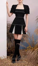 TESS TWEED SQUARE COLLAR BLACK MINI DRESS