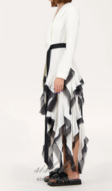 Asymmetric pleated ruffle trim blazer dress in white