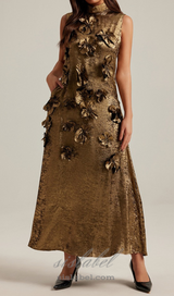 3d floral embellished maxi dress in gold