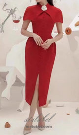 THERA HIGH COLLAR SINGLE BREASTED MIDI DRESS IN RED