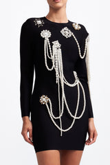 Long Sleeve Diamond Pearls Dress - Black