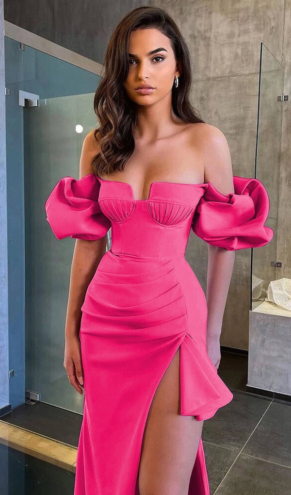 STRAPLESS DRAPED SLEEVE SLITS BANDAGE DRESS IN ROSE RED