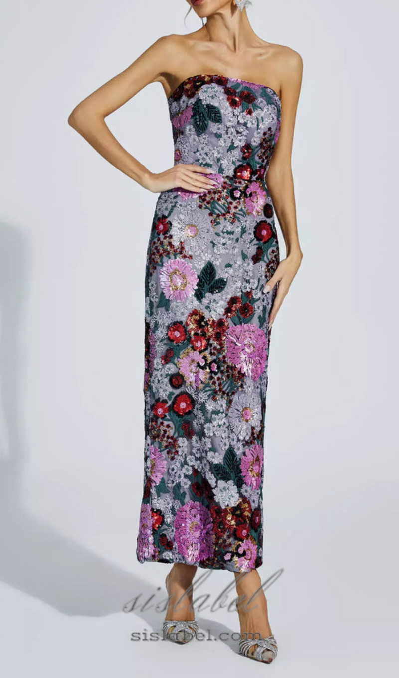 ANGELA MULTICOLOR FLOWER SEQUINS RUFFLED SHOULDER MIDI DRESS