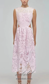 FANNY CUT-OUT LACE EMBROIDERY MIDI DRESS IN PINK