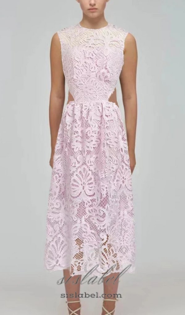 FANNY CUT-OUT LACE EMBROIDERY MIDI DRESS IN PINK