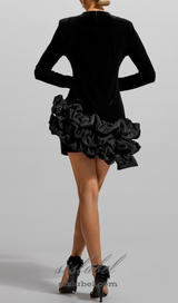 TOBEY VELVET LONG SLEEVE RUFFLE MINI DRESS IN BLACK