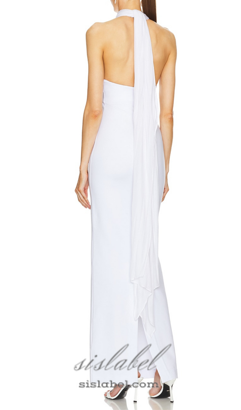 MERRY WHITE SHEER MESH UPPER PONTE LOWER MAXI DRESS