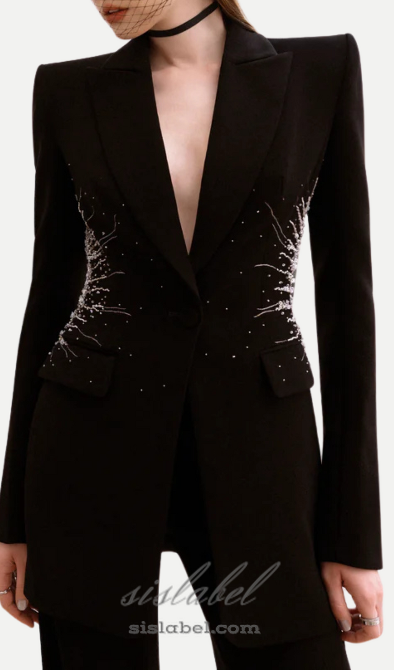 black Beaded diamond-encrusted blazer trousers set