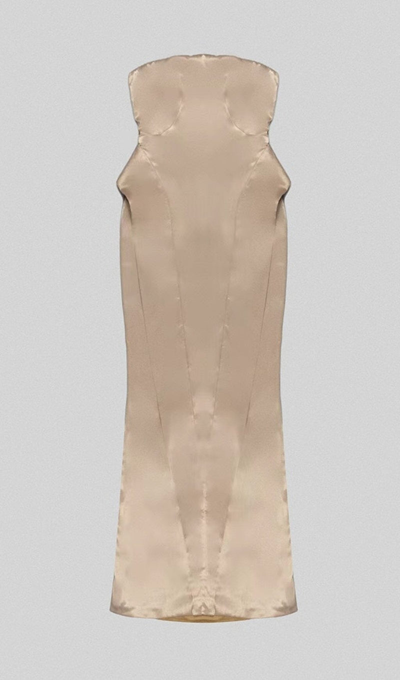 SATIN STRAPLESS MERMAID MAXI DRESS IN BEIGE