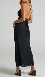 v-neckline pleated bodycon maxi dress in black