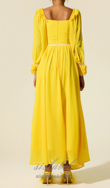 Chiffon 3D Flower Long Sleeve Midi Dress in yellow