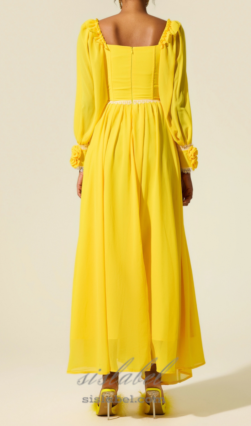 Chiffon 3D Flower Long Sleeve Midi Dress in yellow