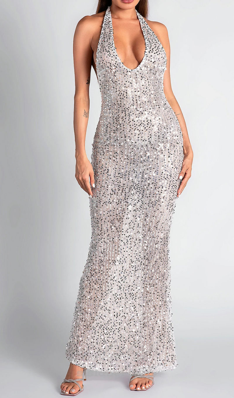 BARBARA HALTER SEQUIN MAXI DRESS IN SILVER