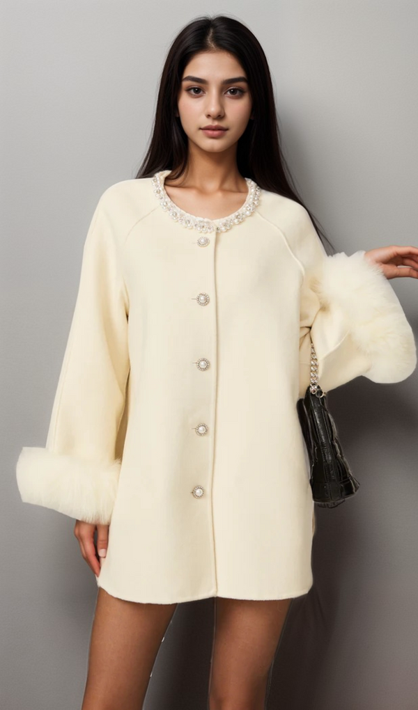 Frédérique white wool fur embellished coat