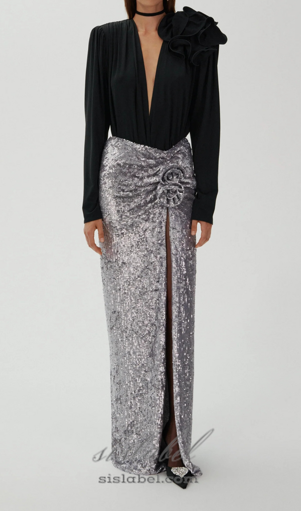 ELVIRA FLORAL-APPLIQUÉ SEQUINED MAXI SKIRT IN SLIVER