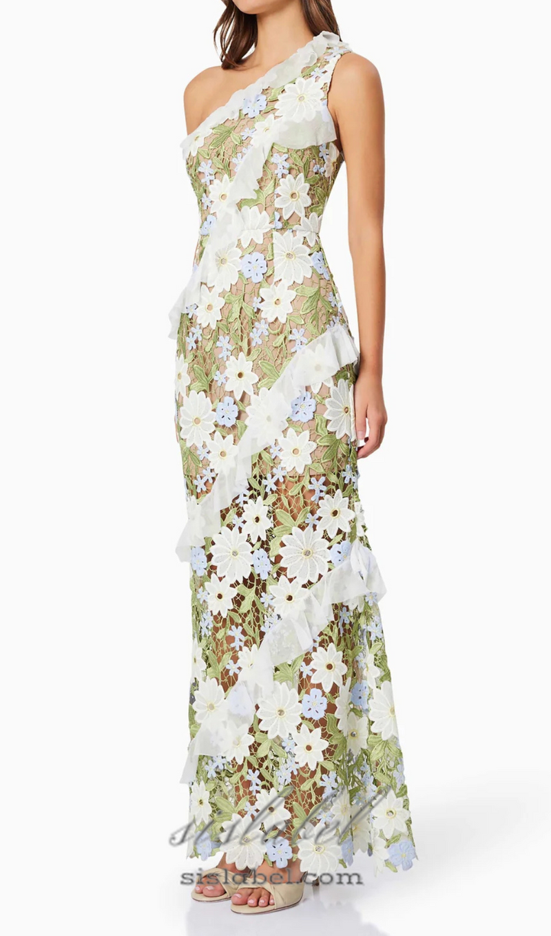 Floral One Shoulder Lace Maxi Dress in Green