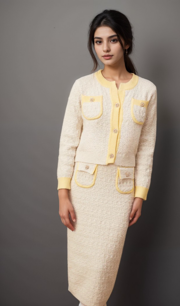 Jessie white textured knit cardigan & skirt matching set