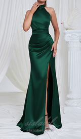 EMMA HALTER SLIT SATIN MERMAID MAXI DRESS IN GREEN