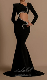 Rhinestone Embellished Floor-Length Dress in black