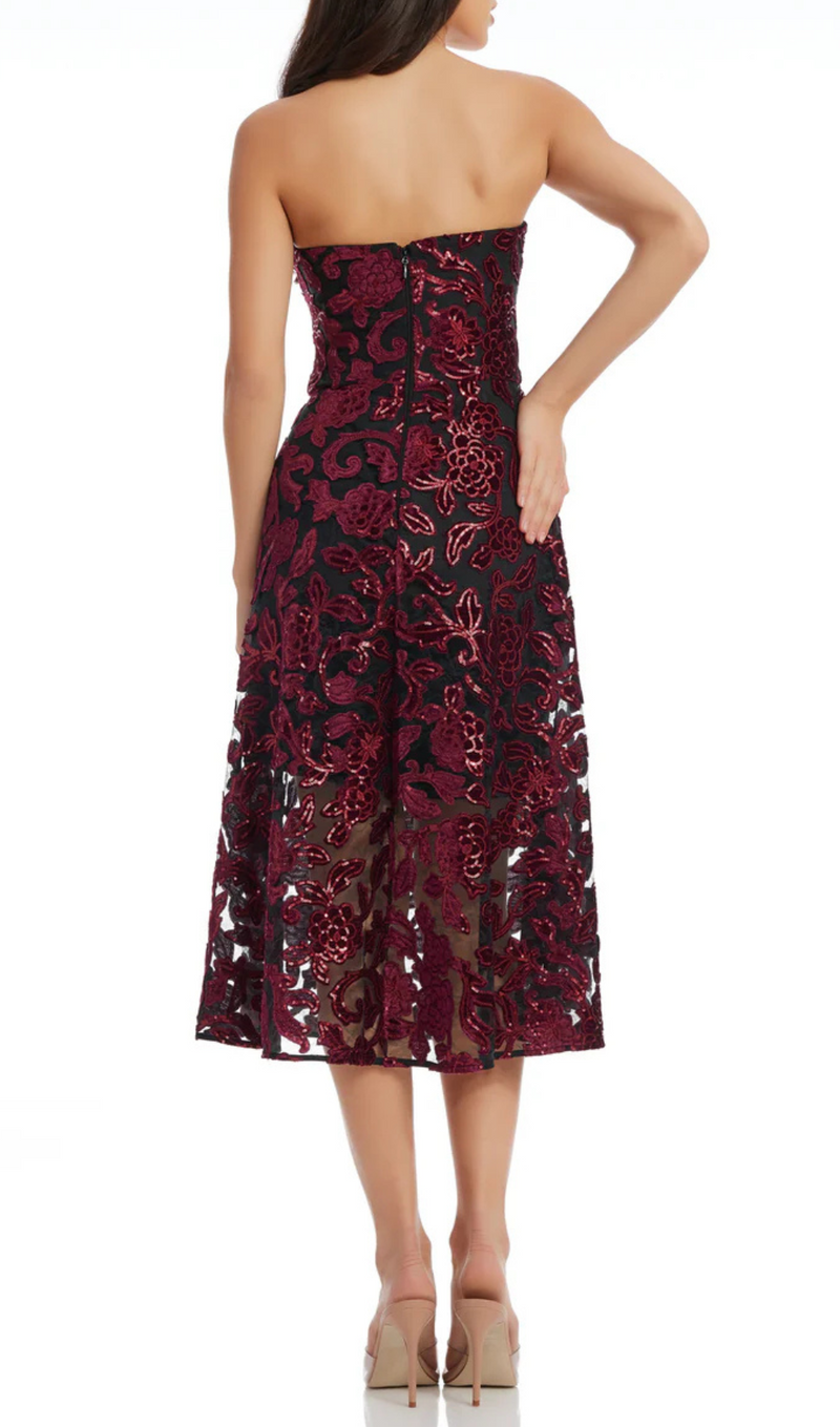 floral print strapless bustier midi dress in burgundy