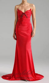 bow embellished strapless maxi dress in red