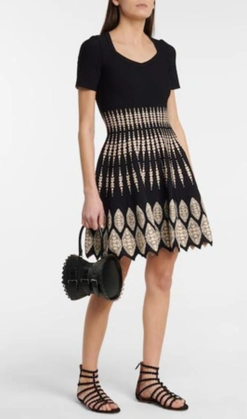 ELEANORE BLACK GEOMETRIC JACQUARD FLARE MINI DRESS