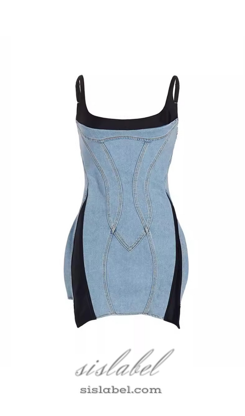 DENIM JERSEY BODYCON MINI DRESS IN BLUE