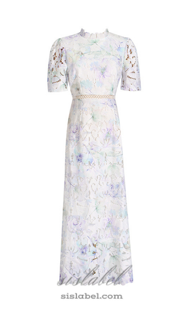 LACE PUFF SLEEVE STAND COLLAR MIDI DRESS IN WHITE