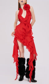 PLUNGING NECKLINE RUFFLE DRESS IN RED