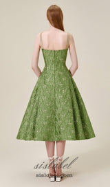 VINTAGE GREEN SUSPENDER JACQUARD MIDI DRESS