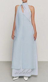 Yen Layered High Neck Floss Silk maxi Dress in blue