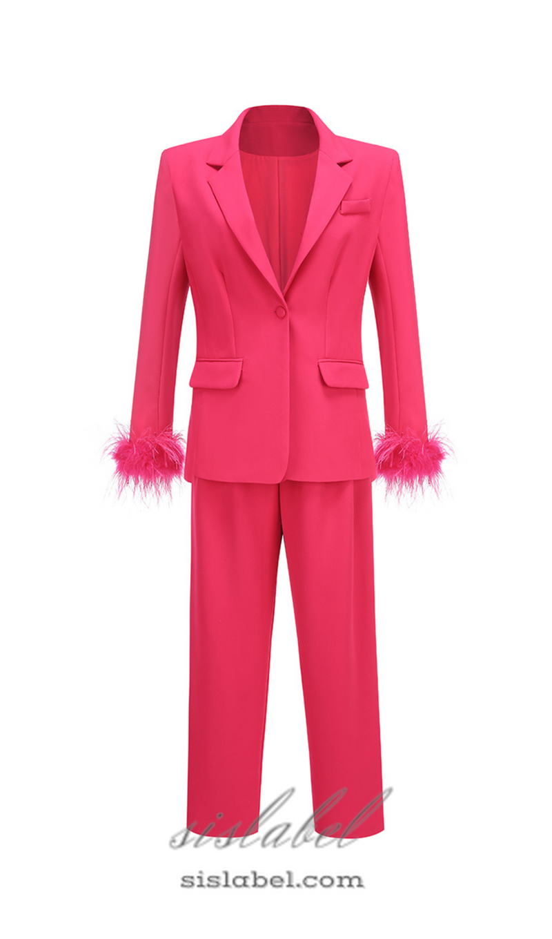 IRMA FEATHER TRIM BLAZER SUITS IN ROSE RED